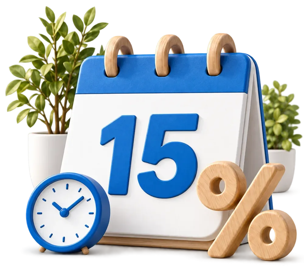 Календарь с числом 15, часы и знак процента