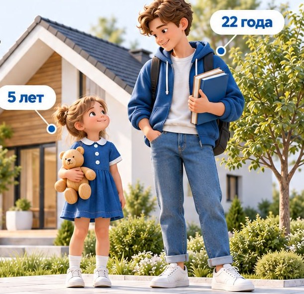 Дети 5 и 22 лет на фоне дома